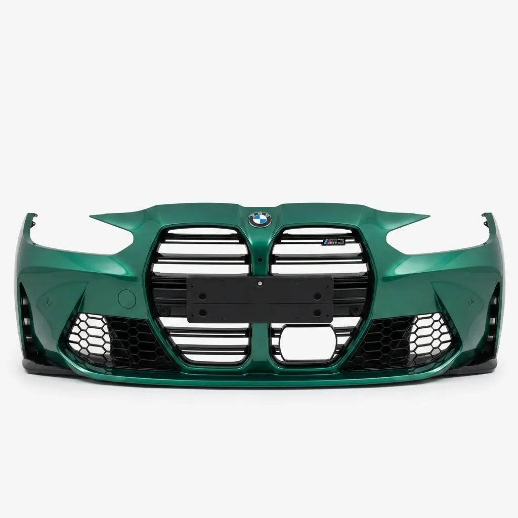 Green car bumper with BMW logo on a white background