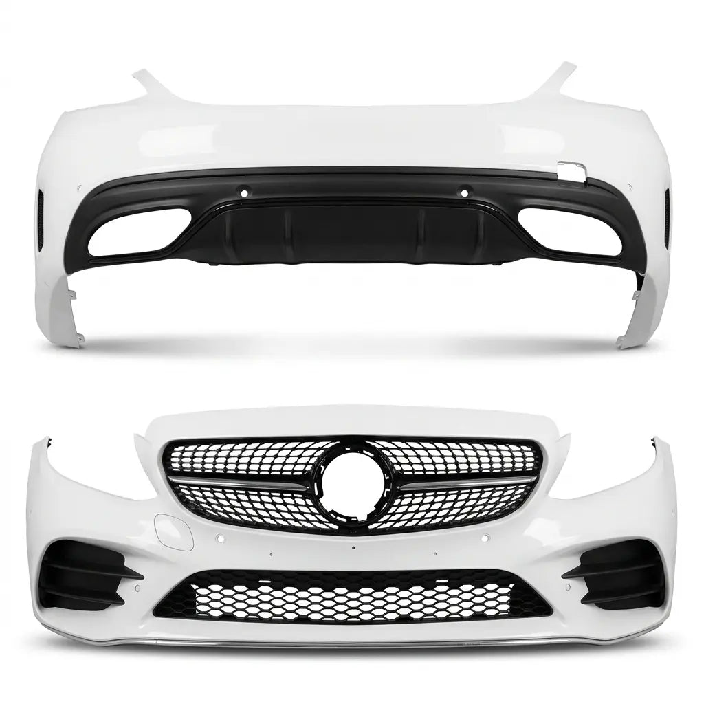 Car bumper and grille assembly on a white background